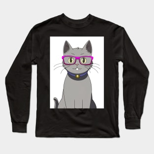 Cute Grey Cat with Nerdy Pink Glasses - Anime Wallpaper Long Sleeve T-Shirt